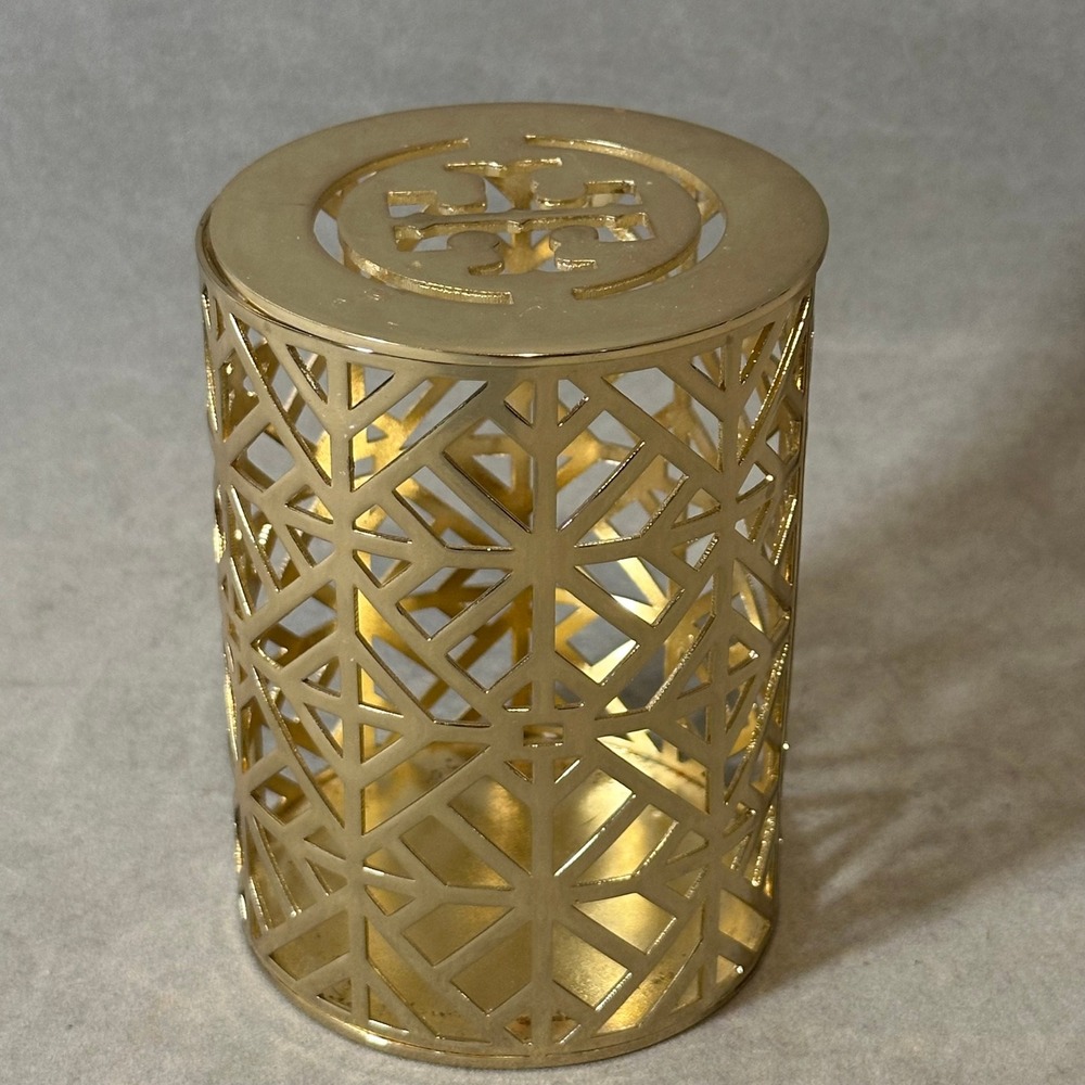 Tory Burch Gold Fretwork Candle Holder‎ Sleeve with Logo Lid Home Decor